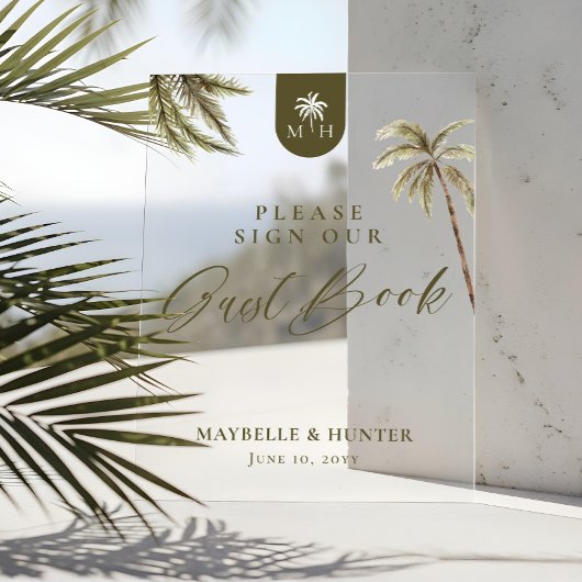 Watercolor Palm Trees Wedding Monogram Guest Book
