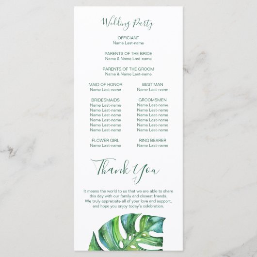 Watercolor Palmblad - huwelijksprogramma voor een  Programma (Achterkant)