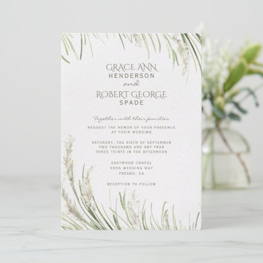 Watercolor Pampasgras Trouw Uitnodiging (Staand voorkant)