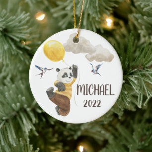 Watercolor Panda met Ballon Monogram Kind Keramisch Ornament