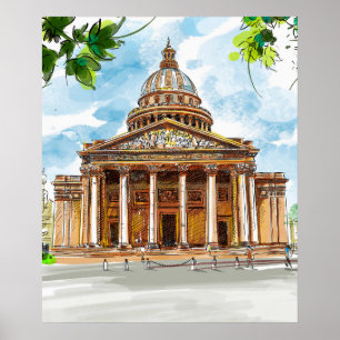 Watercolor Parijs Pantheon Schets Schilderij Poste Poster