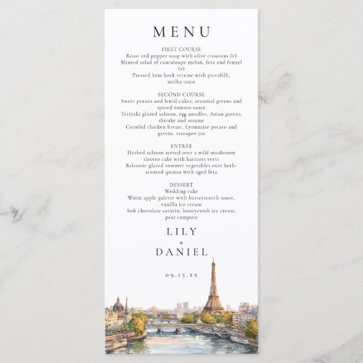 Watercolor Paris France Destination Wedding Menu (Voorkant)