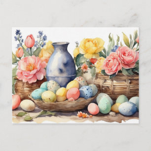 Watercolor Pasen-illustratie met bloemen, eieren Feestdagenkaart