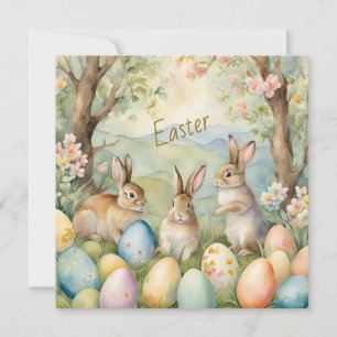 Watercolor Pasen konijnen en Paaseieren  Feestdagenkaart