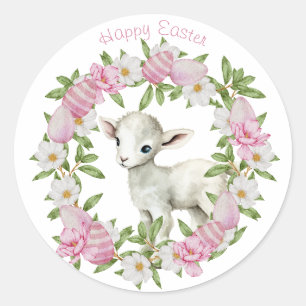 Watercolor Pasen Lam Met Naam Ronde Sticker