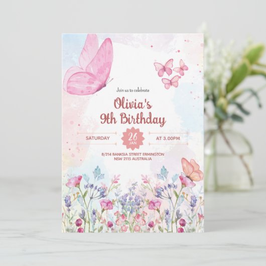 Watercolor Pastel Butterfly Birthday Invitation (Debout devant)