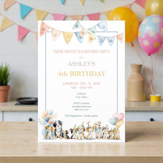 Watercolor Pastel Dogs Puppies Birthday Invitation