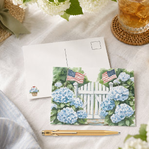 Watercolor Patriottische Blauwe Hortensia Boerderi Feestdagenkaart