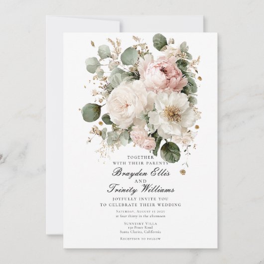 Watercolor peonies elegant wedding invitation kaart (Voorkant)