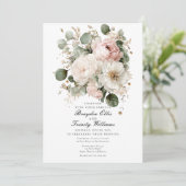 Watercolor peonies elegant wedding invitation kaart (Staand voorkant)
