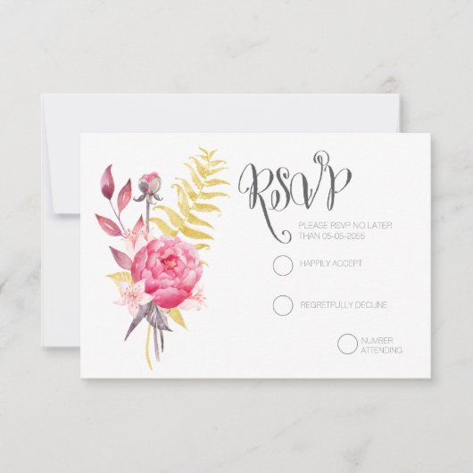 Watercolor Peonies Gold Wedding Cartes RSVP (Devant)