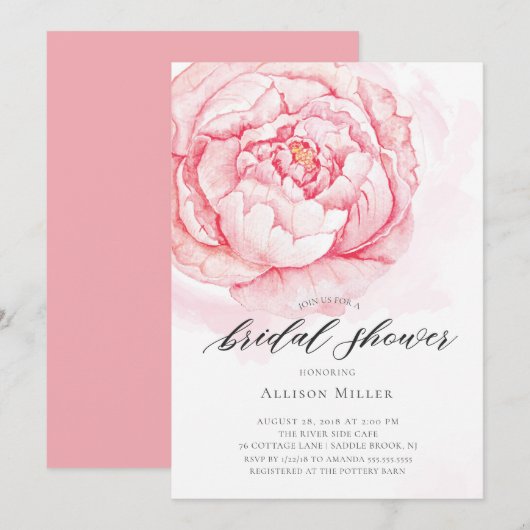 Watercolor Peonies Invitation de la douche nuptial (Devant / Derrière)