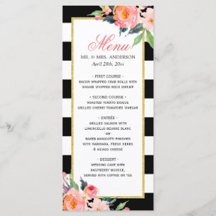 Watercolor Peony Floral Black Stripes Menu Mariage