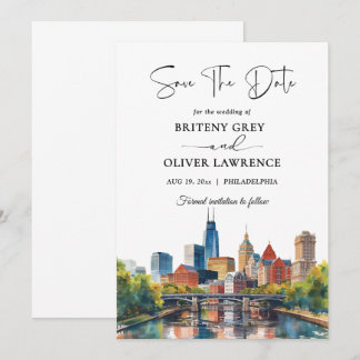 Watercolor Philadelphia Pennsylvania skyline -> Aq Save The Date