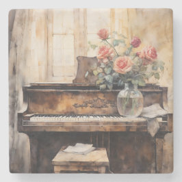 Watercolor Piano & Roses Vintage Stone Coaster Stenen Onderzetter