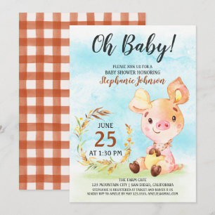 Watercolor Piggy Baby shower Farm Invitation