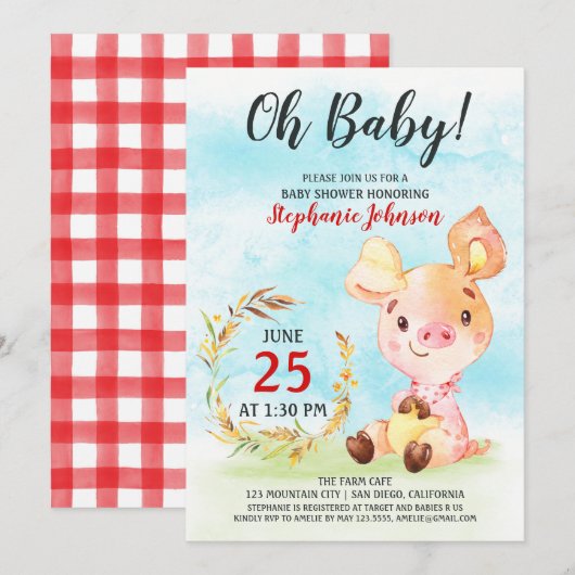 Watercolor Piggy Baby shower Farm Invitation (Devant / Derrière)