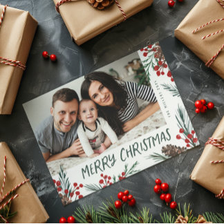 Watercolor pine and Berry Botanical photo Feestdagenkaart