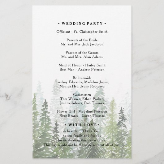 Watercolor Pine Woods Forest Wedding Programme (Dos)