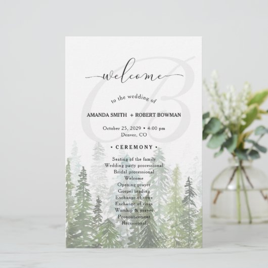 Watercolor Pine Woods Forest Wedding Programme (Debout devant)