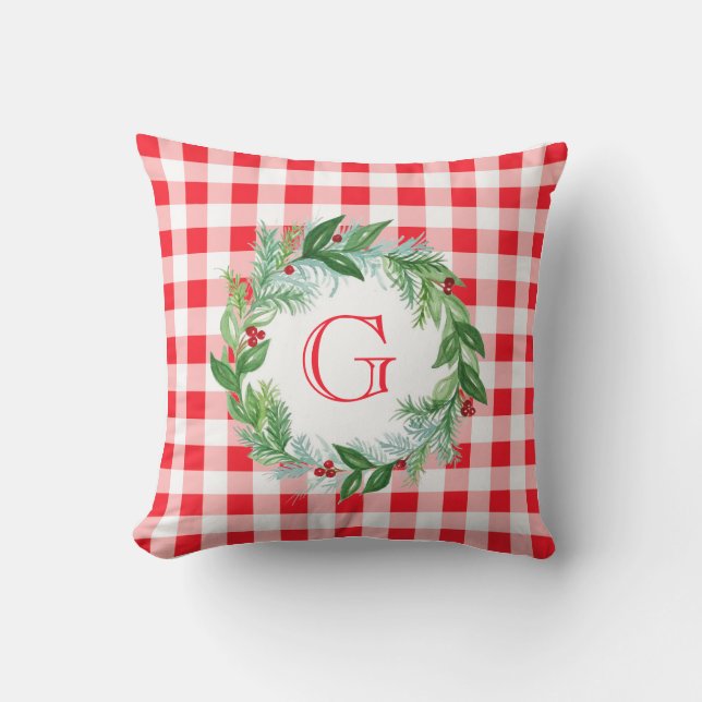 Watercolor Pine Wreath MONOGRAM Red Check Kussen (Voorkant)