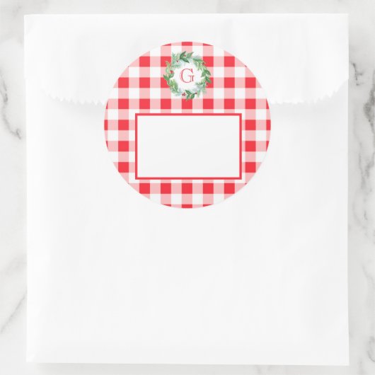 Watercolor Pine Wreath MONOGRAM Red Check  Ronde Sticker (Tas)