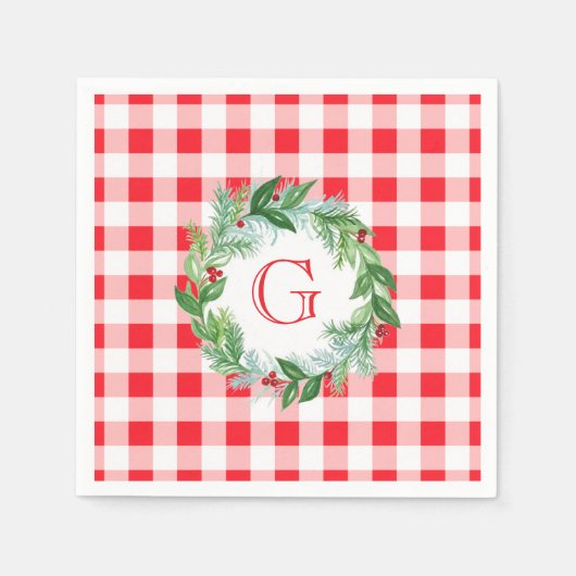 Watercolor Pine Wreath MONOGRAM Red Check  Servet (Voorkant)