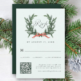 Watercolor Pine Wreath Wedding QR Code Mint Green RSVP Kaartje