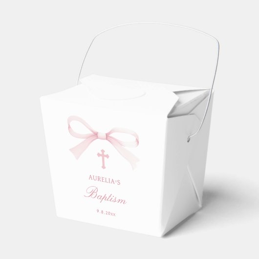 Watercolor Pink Bow Baptism Take Out Bedankdoosjes (Voorkant Zijde)