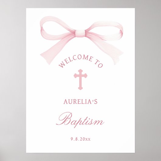 Watercolor Pink Bow Baptism Welcome Poster (Voorkant)