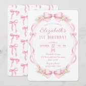 Watercolor Pink Bow First Birthday Invitation Kaart (Voorkant / Achterkant)