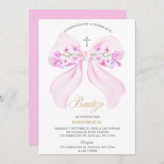Watercolor Pink Bow Floral Girl Baptism Kaart