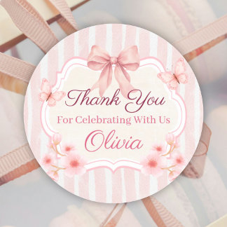 Watercolor Pink Bow, Flowers & Butterfly Birthday Ronde Sticker