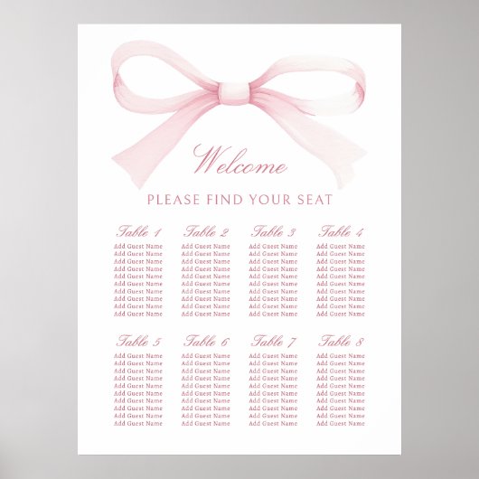Watercolor Pink Bow Seating Chart Poster (Voorkant)