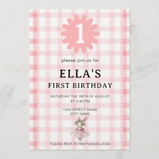 Watercolor Pink Check Bunny Birthday Invitation (Devant)