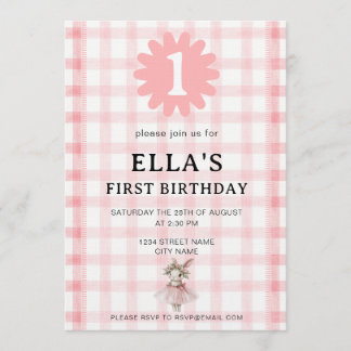 Watercolor Pink Check Bunny Birthday Invitation Kaart