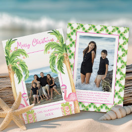 Watercolor Pink Flamingo Beach Christmas Photo Feestdagenkaart