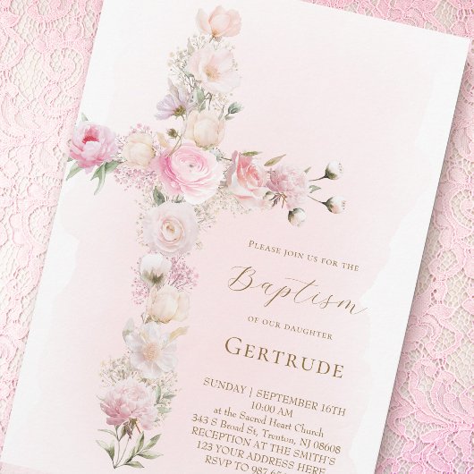 watercolor pink floral cross Baptism Invitation Kaart