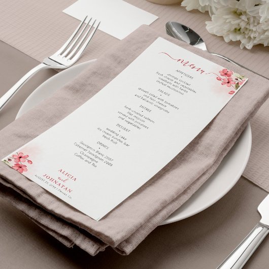 Watercolor pink floral wedding menu