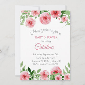 Watercolor Pink Flowers Baby Shower Invitation Kaart