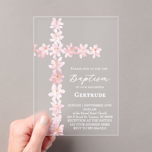 watercolor pink flowers cross Baptism Invitation Acryl Uitnodigingen (Insitu (Draagbaar))