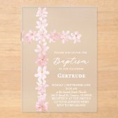 watercolor pink flowers cross Baptism Invitation Acryl Uitnodigingen (Voorkant)