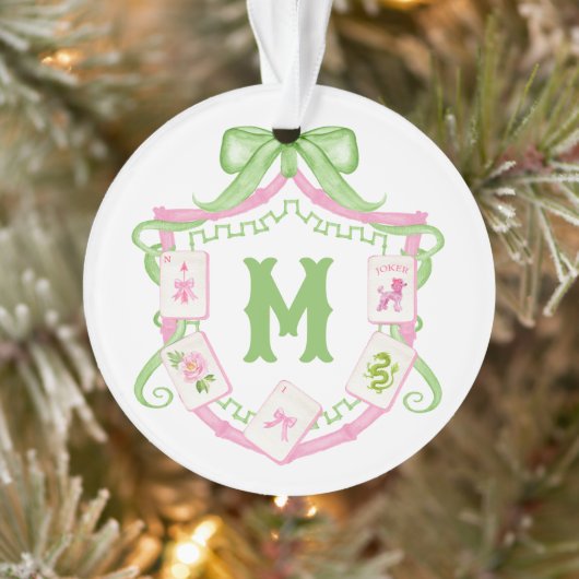 Watercolor Pink & Green Bow Mahjong Monogram Crest (Arbre)