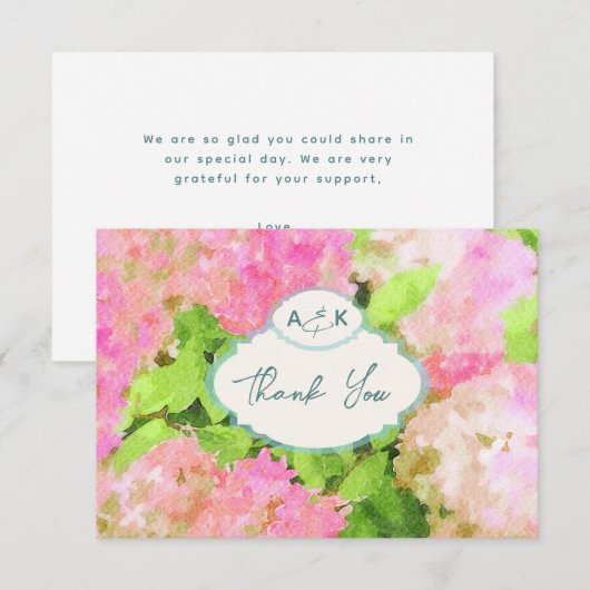 Watercolor Pink Hydrangea Garden Wedding Monogram  Bedankkaart (Voorkant / Achterkant)