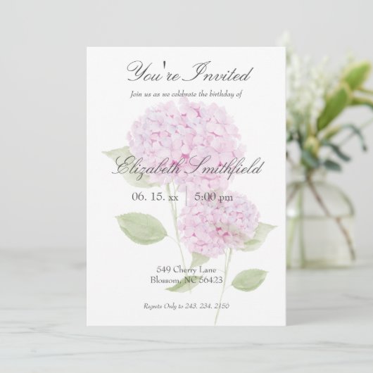 Watercolor Pink Hydrangea Invitation (Debout devant)