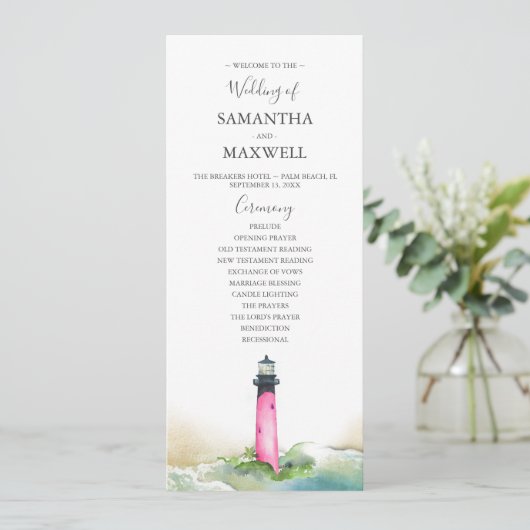Watercolor Pink Lighthouse Programme de mariage (Debout devant)