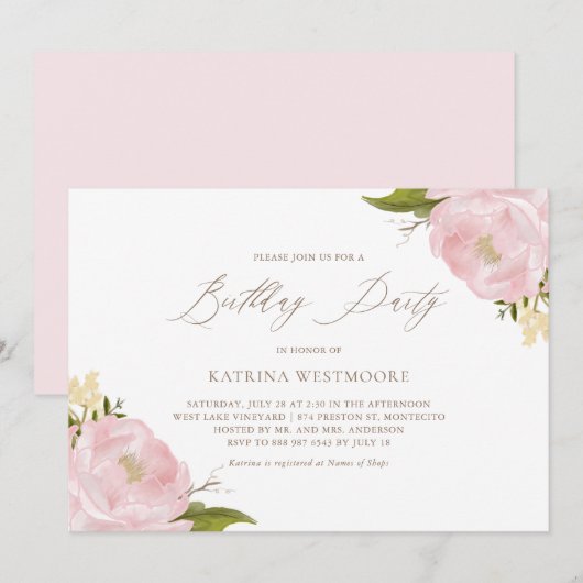 Watercolor Pink Peonies Invitation de fête d'anniv (Devant / Derrière)