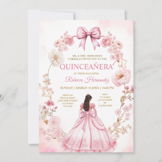 Watercolor Pink Ribbon Bows Quinceañera Invitation (Devant)