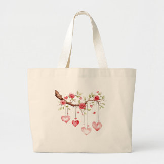 Watercolor Pink Roses Branch With Hanging Hearts Grote Tote Bag