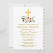 Watercolor Pink White Floral Gold Cross Communion Kaart (Voorkant)